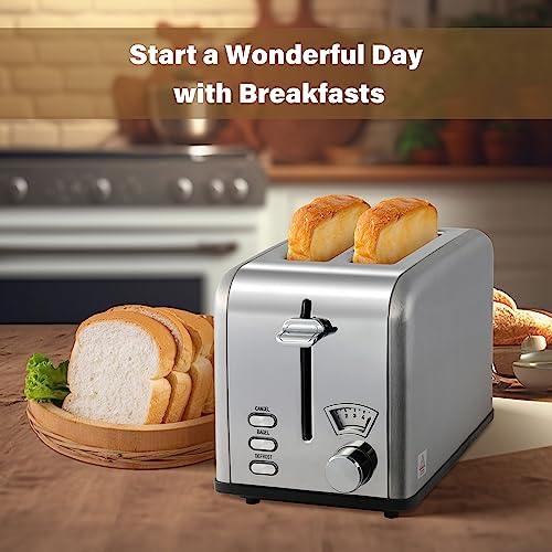 YSSOA 2-Slice Toaster with 1.5 inch Wide Slot, 5 Browning Setting and 3 Function: Bagel, Defrost & Cancel, Retro Stainless-Steel Style, Toast Bread Machine with Removable Crumb Tray, Silver