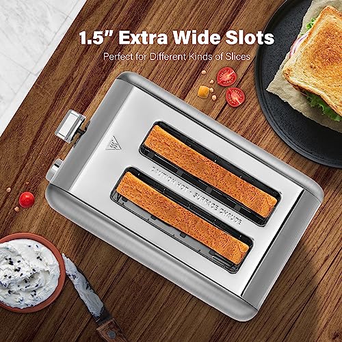 YSSOA 2-Slice Toaster with 1.5 inch Wide Slot, 5 Browning Setting and 3 Function: Bagel, Defrost & Cancel, Retro Stainless-Steel Style, Toast Bread Machine with Removable Crumb Tray, Silver