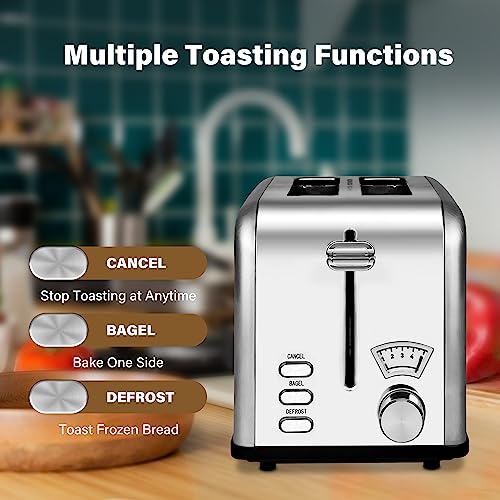 YSSOA 2-Slice Toaster with 1.5 inch Wide Slot, 5 Browning Setting and 3 Function: Bagel, Defrost & Cancel, Retro Stainless-Steel Style, Toast Bread Machine with Removable Crumb Tray, Silver