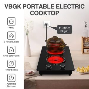 VBGK Electric Cooktop,110V Electric Stove Top with Knob Control, 9 Power Levels, Kids Lock & Timer, Hot Surface Indicator, Overheat Protection,12 Inch Built-in Radiant Double induction cooktop