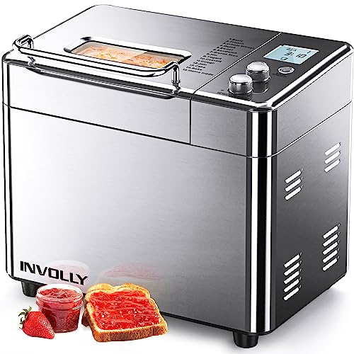 Involly 15 in 1 Bread Maker, 2 LB Bread Machine Stainless Steel for Gluten Free and Pizza Dough, Auto Nut Dispenser, Nonstick Pan, 3 Loaf Sizes 3 Crust Colors, 15H Timer, 1H Keep Warm, Recipes