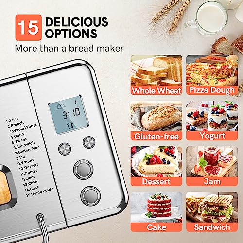 Involly 15 in 1 Bread Maker, 2 LB Bread Machine Stainless Steel for Gluten Free and Pizza Dough, Auto Nut Dispenser, Nonstick Pan, 3 Loaf Sizes 3 Crust Colors, 15H Timer, 1H Keep Warm, Recipes