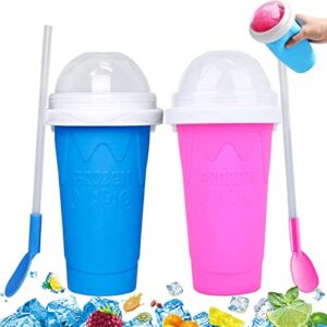 2 pack slushy maker cup, frozen magic squeeze cup, magic quick frozen smoothies cup, portable double layer slushy maker cup, slushie machine with straw and spoon(blue and pink)