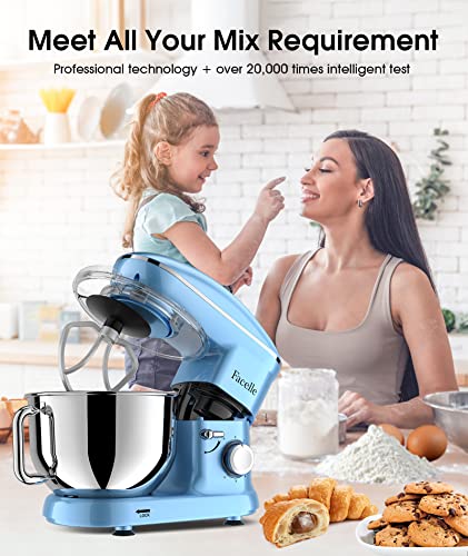 Facelle Electric Stand Mixer, 660W 6 Speed Kitchen Mixer with Pulse Button, Attachments include 6.5 Quart Bowl, Dishwasher Safe Flat Beater, Dough Hook, Wire Whisk & Splash Guard, for Dough, Baking,Cakes,Cookie, Blue