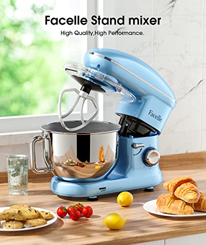 Facelle Electric Stand Mixer, 660W 6 Speed Kitchen Mixer with Pulse Button, Attachments include 6.5 Quart Bowl, Dishwasher Safe Flat Beater, Dough Hook, Wire Whisk & Splash Guard, for Dough, Baking,Cakes,Cookie, Blue