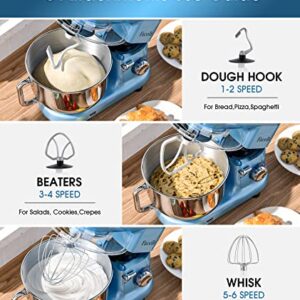 Facelle Electric Stand Mixer, 660W 6 Speed Kitchen Mixer with Pulse Button, Attachments include 6.5 Quart Bowl, Dishwasher Safe Flat Beater, Dough Hook, Wire Whisk & Splash Guard, for Dough, Baking,Cakes,Cookie, Blue