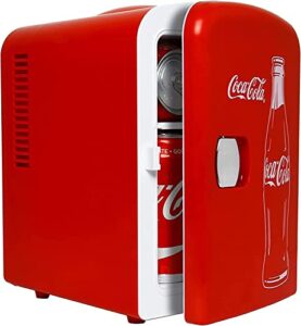 coca-cola classic coke bottle 4l mini fridge w/ 12v dc and 110v ac cords, 6 can portable cooler, personal travel refrigerator for snacks lunch drinks cosmetics, desk home office dorm, red