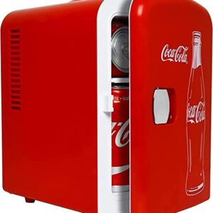 Coca-Cola Classic Coke Bottle 4L Mini Fridge w/ 12V DC and 110V AC Cords, 6 Can Portable Cooler, Personal Travel Refrigerator for Snacks Lunch Drinks Cosmetics, Desk Home Office Dorm, Red