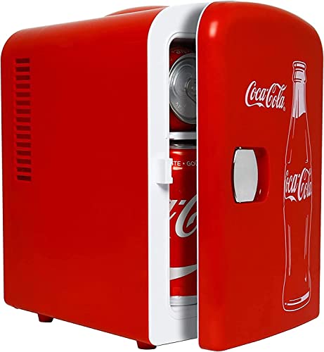 Coca-Cola Classic Coke Bottle 4L Mini Fridge w/ 12V DC and 110V AC Cords, 6 Can Portable Cooler, Personal Travel Refrigerator for Snacks Lunch Drinks Cosmetics, Desk Home Office Dorm, Red