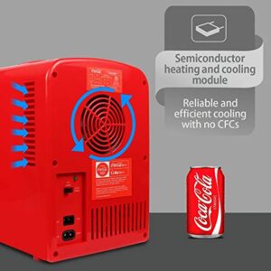 Coca-Cola Classic Coke Bottle 4L Mini Fridge w/ 12V DC and 110V AC Cords, 6 Can Portable Cooler, Personal Travel Refrigerator for Snacks Lunch Drinks Cosmetics, Desk Home Office Dorm, Red