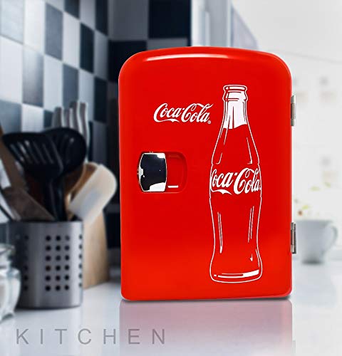 Coca-Cola Classic Coke Bottle 4L Mini Fridge w/ 12V DC and 110V AC Cords, 6 Can Portable Cooler, Personal Travel Refrigerator for Snacks Lunch Drinks Cosmetics, Desk Home Office Dorm, Red