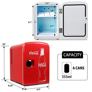 Coca-Cola Classic Coke Bottle 4L Mini Fridge w/ 12V DC and 110V AC Cords, 6 Can Portable Cooler, Personal Travel Refrigerator for Snacks Lunch Drinks Cosmetics, Desk Home Office Dorm, Red