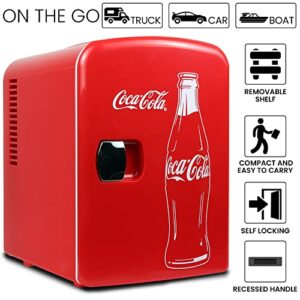 Coca-Cola Classic Coke Bottle 4L Mini Fridge w/ 12V DC and 110V AC Cords, 6 Can Portable Cooler, Personal Travel Refrigerator for Snacks Lunch Drinks Cosmetics, Desk Home Office Dorm, Red