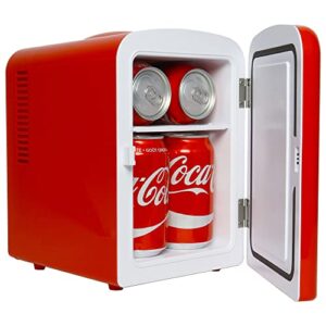 Coca-Cola Classic Coke Bottle 4L Mini Fridge w/ 12V DC and 110V AC Cords, 6 Can Portable Cooler, Personal Travel Refrigerator for Snacks Lunch Drinks Cosmetics, Desk Home Office Dorm, Red