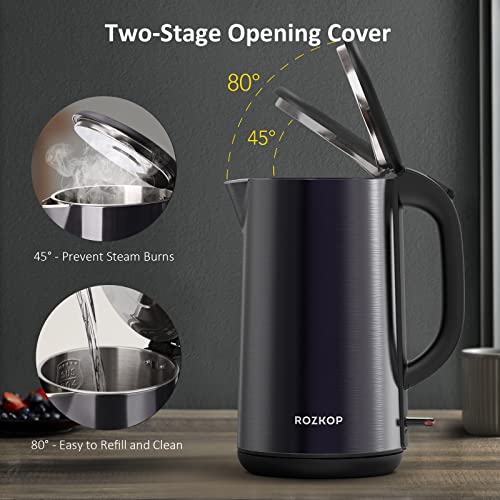 ROZKOP Electric Tea Kettle Double Wall 304 Stainless Steel 1.7L Hot Water Boiler, 1500W Water Kettle with Auto Shut-Off & Boil Dry Protection, BPA-Free, Cordless Base & LED Indicator