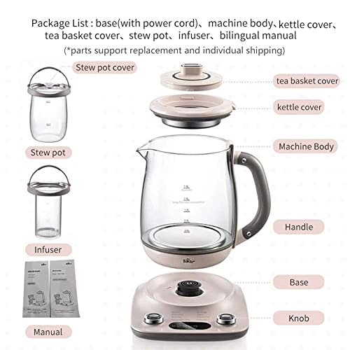 Bear YSH-C18R1 Health-Care Beverage Tea Maker and Kettle, Electric Kettle with Infuser, 316 Stainless Steel & Glass Brew Cooker, 8-in-1 Programmable, 4 Range Temperature Warming Function, 1.8L, Pink