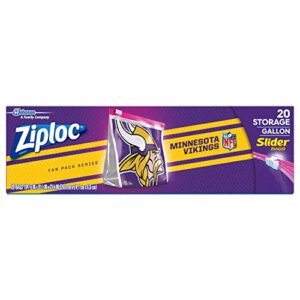ziploc slider storage gallon bag, great for grab-and-go snacking, tailgating or homegating, 20 count- nfl minnesota vikings