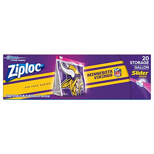 Ziploc Slider Storage Gallon Bag, Great for Grab-and-go Snacking, Tailgating or homegating, 20 Count- NFL Minnesota Vikings