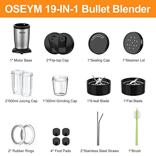 OSEYM Bullet Blender for Shakes and Smoothies,850W Smoothie Blenders for Kitchen,19-In-1 Personal Blender for Protein Frozen Ice Drinks Baby Food with 2 * 20 Oz & 1 * 10 Oz To-Go Cups,BPA-Free (Silver-Black)