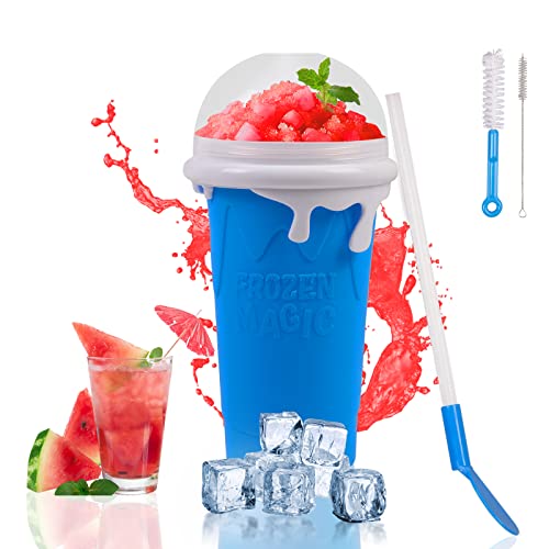 QCLTY Slushy Maker Cup, DIY Homemade Slushy Squeeze Cup 500ML- TIK TOK Quick Frozen Magic Cup Double Layer Squeeze Slushie Cup with Lid & Straw for Milk Shake, Smoothies, Ice Cream (Blue)