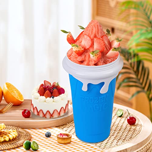 QCLTY Slushy Maker Cup, DIY Homemade Slushy Squeeze Cup 500ML- TIK TOK Quick Frozen Magic Cup Double Layer Squeeze Slushie Cup with Lid & Straw for Milk Shake, Smoothies, Ice Cream (Blue)