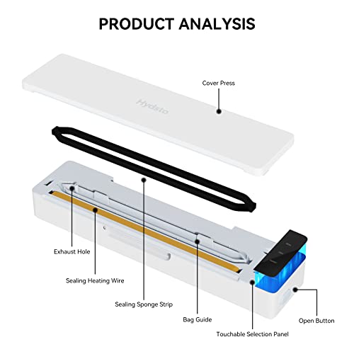 Hydsto Vacuum Sealer Machine,12V MAX 80 Kpa Food Vacuum Sealer Saver Machine,One-Touch Automatic Food Sealer Vacuum for External Sous Vide Jars and Containers,15pcs Vacuum Sealer Bags & 1 Cutter & 1 Air Suction Hose Starter Kit, White