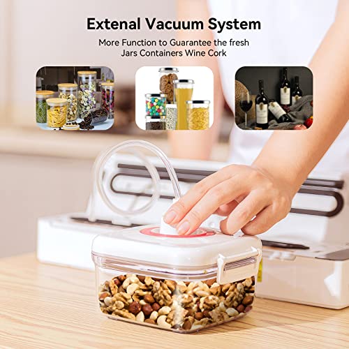 Hydsto Vacuum Sealer Machine,12V MAX 80 Kpa Food Vacuum Sealer Saver Machine,One-Touch Automatic Food Sealer Vacuum for External Sous Vide Jars and Containers,15pcs Vacuum Sealer Bags & 1 Cutter & 1 Air Suction Hose Starter Kit, White
