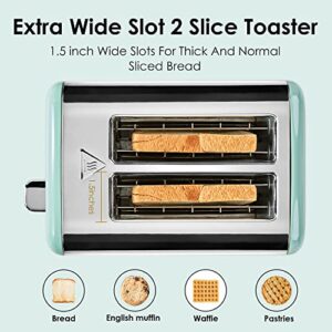 2 Slice Toaster, REDMOND Aqua Green Toaster with LED Touch Screen and Digital Countdown Timer, Stainless Steel Toaster with Extra Wide Slot and Cancel Defrost Reheat Function, 6 Shade Settings