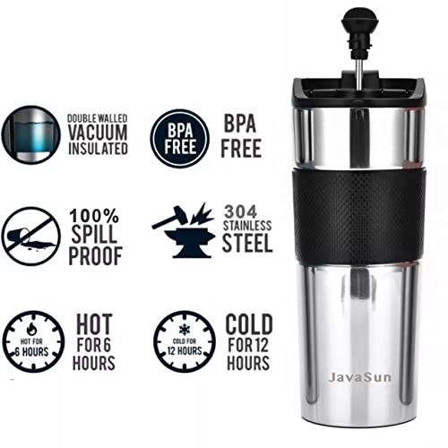 JavaSun French Press Travel Mug 16oz, Large Deluxe Coffee and Tea maker (Black)