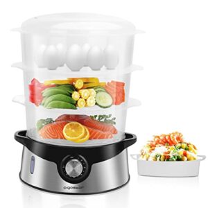 Aigostar 9.6 QT Food Steamer for Cooking, Electric Food Vegetable Steamer with BPA-Free 3 Tier Stackable Baskets, 800W Fast Heating, 60-min Timer, Auto Shutoff & Boil Dry Protection, Stainless Steel