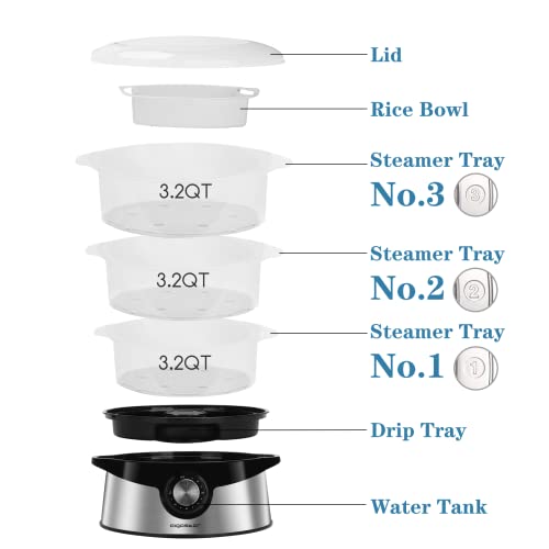 Aigostar 9.6 QT Food Steamer for Cooking, Electric Food Vegetable Steamer with BPA-Free 3 Tier Stackable Baskets, 800W Fast Heating, 60-min Timer, Auto Shutoff & Boil Dry Protection, Stainless Steel