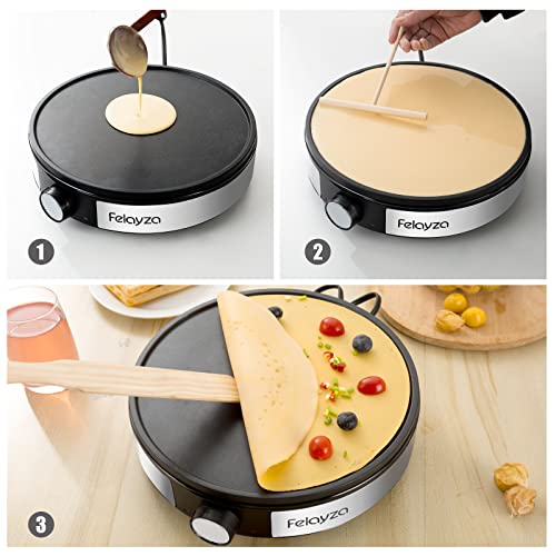 FELAYZA 12” Electric Crepe Maker & Griddle, NonStick Crepe Pan with Batter Spreader,1200W Omelette Makers with Thermostat Control for Pancake, Egg, Brunch