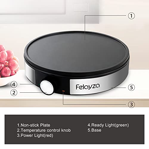 FELAYZA 12” Electric Crepe Maker & Griddle, NonStick Crepe Pan with Batter Spreader,1200W Omelette Makers with Thermostat Control for Pancake, Egg, Brunch