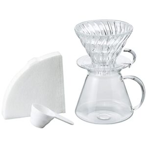 hario "simply glass v60 pour over set with glass server, scoop and filters, size 02, clear