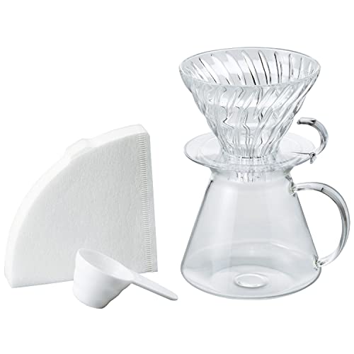 Hario "Simply Glass V60 Pour Over Set with Glass Server, Scoop and Filters, Size 02, Clear