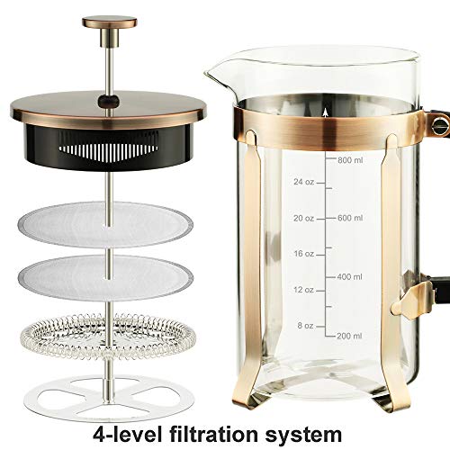 ADAMITA French Press Coffee Maker 8 cups 34 oz 304 Stainless Steel Coffee Press with 4 Filter Screens, Easy Clean Heat Resistant Borosilicate Glass - Free 100% BPA (A-Style-Copper-2A, 34 oz)