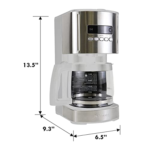 Kenmore Aroma Control 12-Cup Programmable Coffee Maker, White and Stainless Steel Drip Coffee Machine, Glass Carafe, Reusable Filter, Timer, Digital Display, Charcoal Water Filter, Regular or Bold