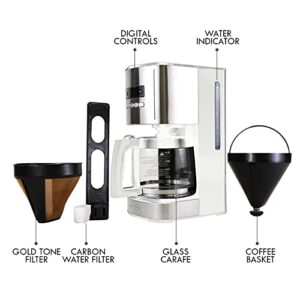 Kenmore Aroma Control 12-Cup Programmable Coffee Maker, White and Stainless Steel Drip Coffee Machine, Glass Carafe, Reusable Filter, Timer, Digital Display, Charcoal Water Filter, Regular or Bold