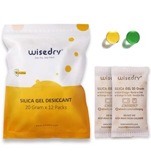 wisedry 20 gram [12 packs] rechargeable silica gel packets microwave fast reactivate in 2mins moisture absorber desiccant packs with orange indicating beads food grade