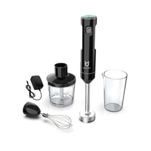 cordless hand blender, utalent variable speed immersion blender rechargeable, with fast charger, 500ml chopper, 600ml container, egg whisk, for smoothies, baby food and soups – black