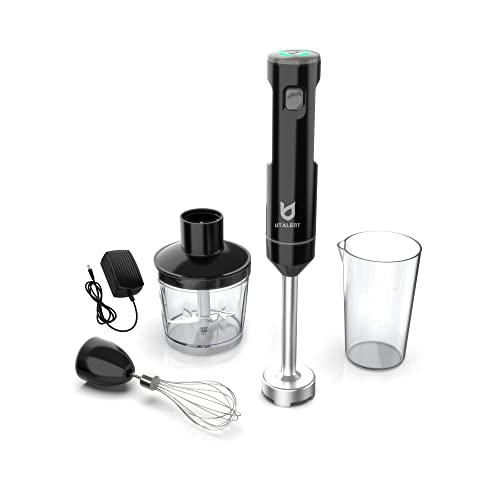 Cordless Hand Blender, UTALENT Variable Speed Immersion Blender Rechargeable, with Fast Charger, 500ml Chopper, 600ml container, Egg Whisk, for Smoothies, Baby Food and Soups – Black