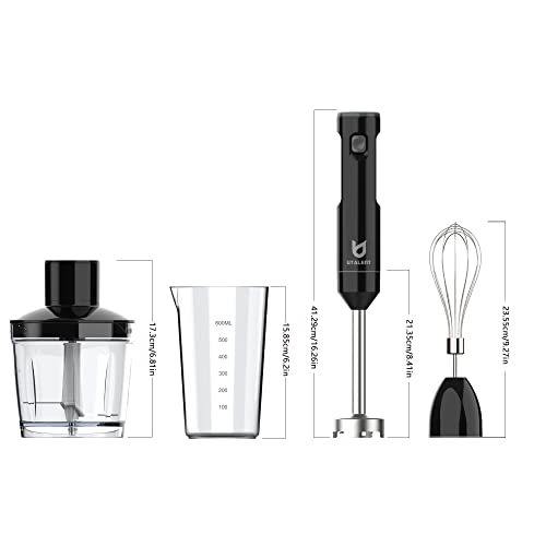 Cordless Hand Blender, UTALENT Variable Speed Immersion Blender Rechargeable, with Fast Charger, 500ml Chopper, 600ml container, Egg Whisk, for Smoothies, Baby Food and Soups – Black