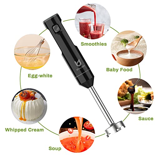 Cordless Hand Blender, UTALENT Variable Speed Immersion Blender Rechargeable, with Fast Charger, 500ml Chopper, 600ml container, Egg Whisk, for Smoothies, Baby Food and Soups – Black