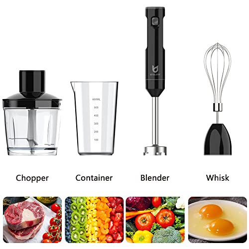 Cordless Hand Blender, UTALENT Variable Speed Immersion Blender Rechargeable, with Fast Charger, 500ml Chopper, 600ml container, Egg Whisk, for Smoothies, Baby Food and Soups – Black