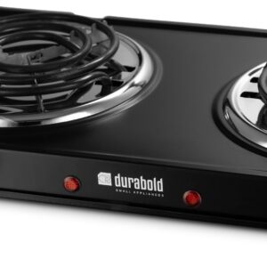 Kitchen Countertop Cast-Iron Double Burner - Stainless Steel Body – Ideal for RV, Small Apartments, Camping, Cookery Demonstrations, or as an Extra Burner – by Durabold (Black)