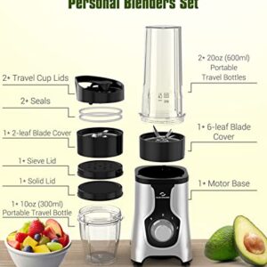 Nuovoware Portable Blender for Shakes and Smoothies, 12 PCS Personal Size Blenders with 6-Edge Blade, 600W Smoothie Blender with 2*20oz Portable Bottle, 3 Speeds for Juice, Protein Drinks, Silver Gray
