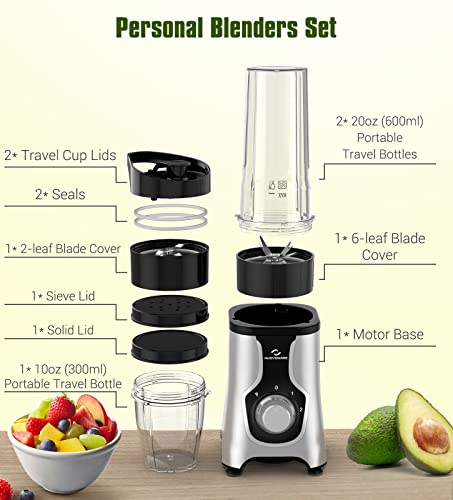 Nuovoware Portable Blender for Shakes and Smoothies, 12 PCS Personal Size Blenders with 6-Edge Blade, 600W Smoothie Blender with 2*20oz Portable Bottle, 3 Speeds for Juice, Protein Drinks, Silver Gray