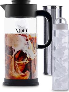 xoq cold brew coffee maker + chiller kit + 50oz/1.5l glass cold brew maker - iced coffee maker & ice tea maker - large iced coffee pitcher for fridge with removable stainless steel brewer filter