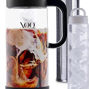 XOQ Cold Brew Coffee Maker + Chiller Kit + 50oz/1.5L Glass Cold Brew Maker - Iced Coffee Maker & Ice Tea Maker - Large Iced Coffee Pitcher for Fridge with Removable Stainless Steel Brewer Filter