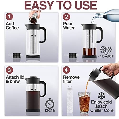 XOQ Cold Brew Coffee Maker + Chiller Kit + 50oz/1.5L Glass Cold Brew Maker - Iced Coffee Maker & Ice Tea Maker - Large Iced Coffee Pitcher for Fridge with Removable Stainless Steel Brewer Filter